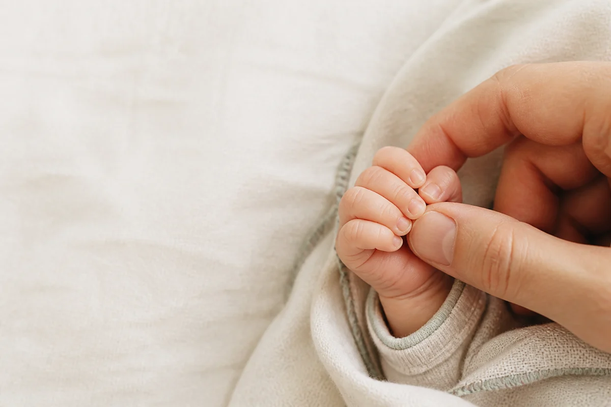 A baby holding a parent’s finger